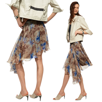 Printed Irregular Hem Chiffon Skirt