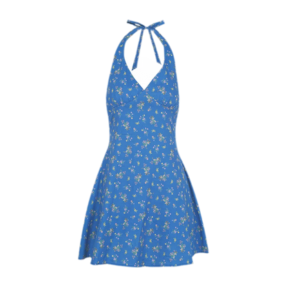 Romantic French Halter V-neck Floral Dress