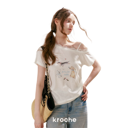 Tencel Cotton French Lace Puppy Print Asymmetric T-Shirt
