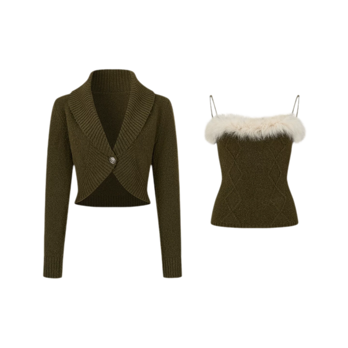 Ensemble tricoté en fourrure de renard à motif losanges