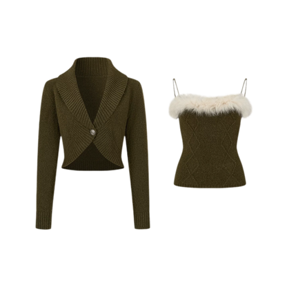 Ensemble tricoté en fourrure de renard à motif losanges