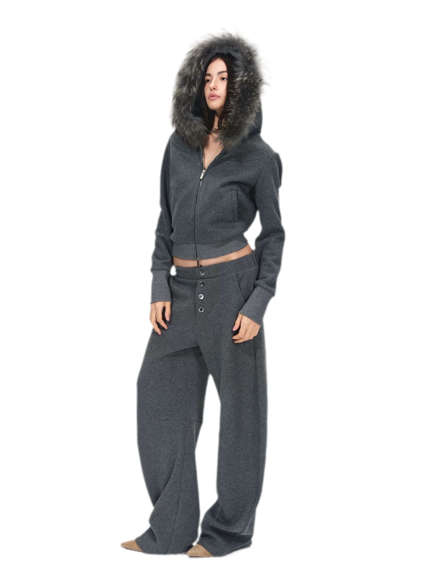 Detachable Fur Collar Fleece Hoodie &amp; Relaxed Pants