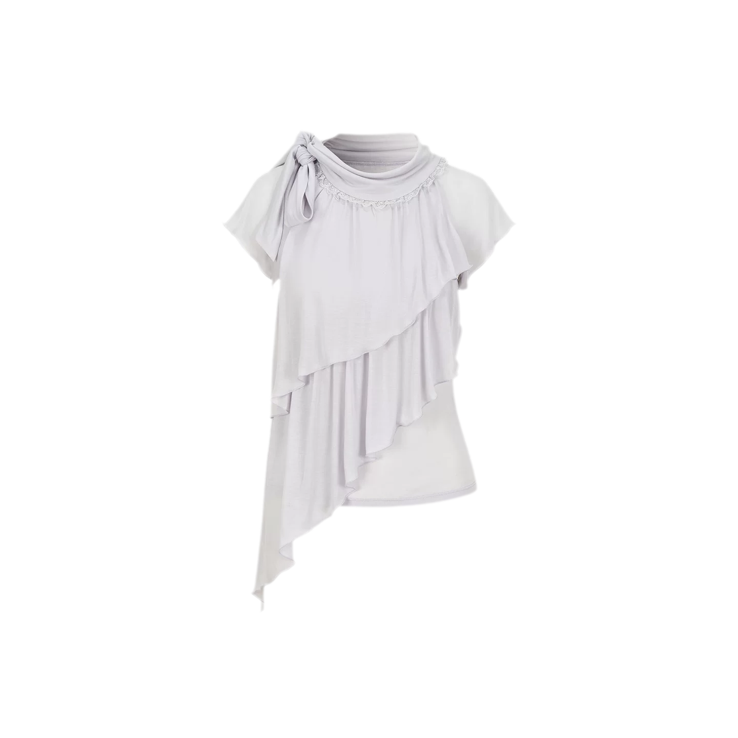 Ruffle Tie-Neck Tencel Short Sleeve Top