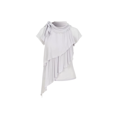 Ruffle Tie-Neck Tencel Short Sleeve Top