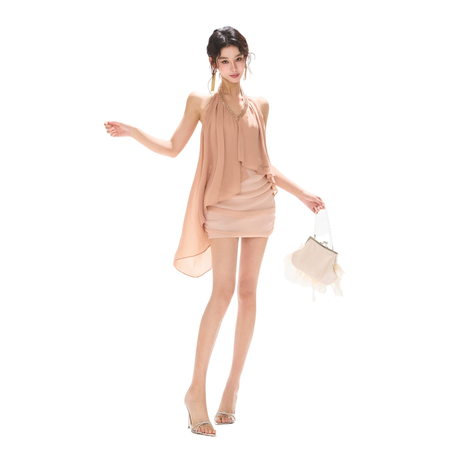 Floating Light Halter V-Neck Beaded Chiffon Dress