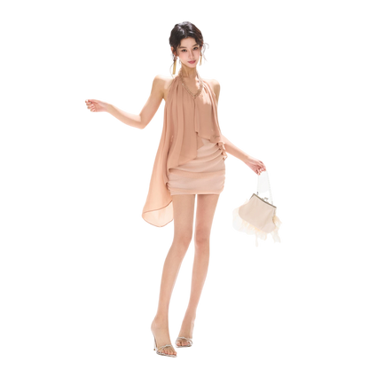 Floating Light Halter V-Neck Beaded Chiffon Dress