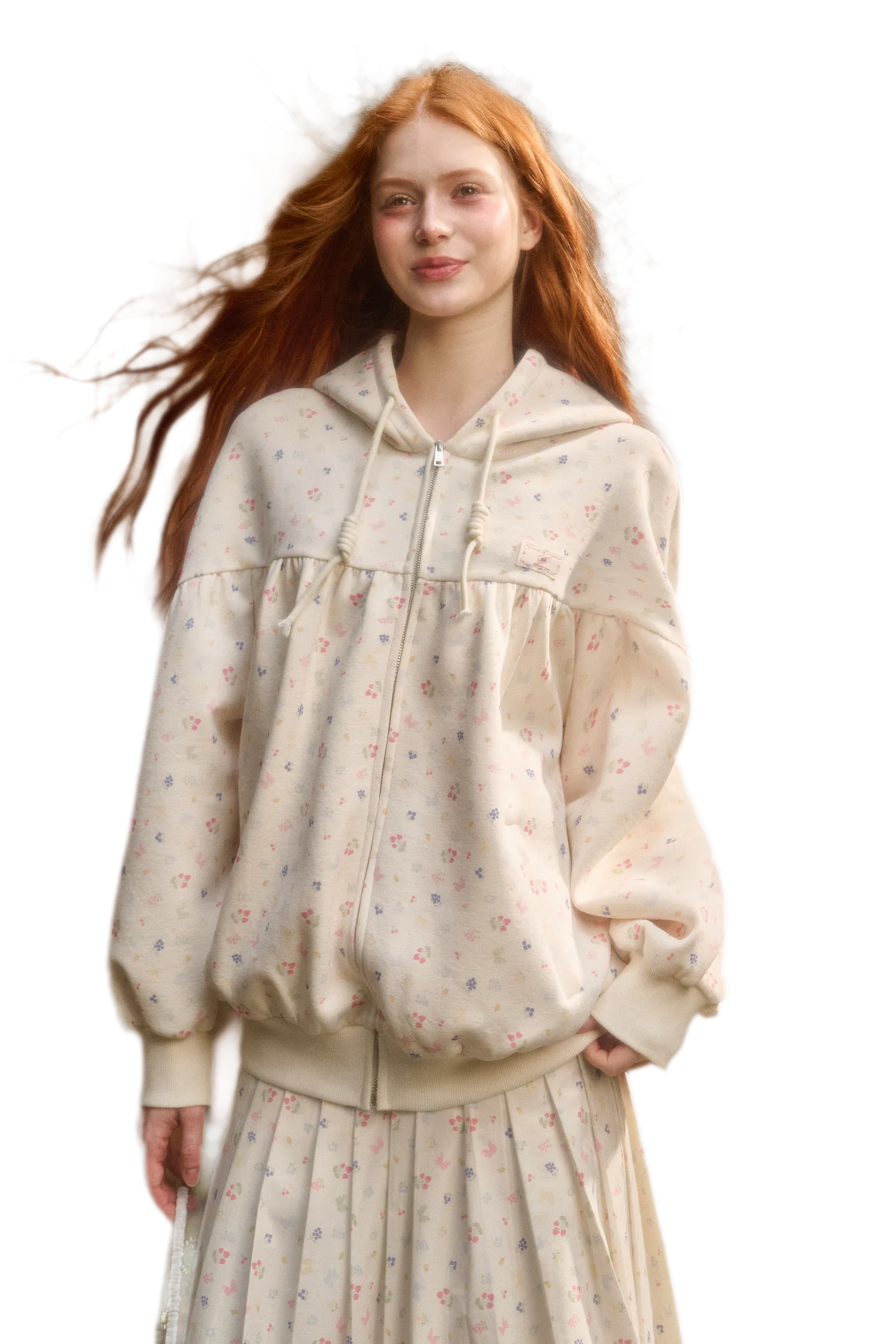Printed Hooded Sweatshirt Pleated Skirt
