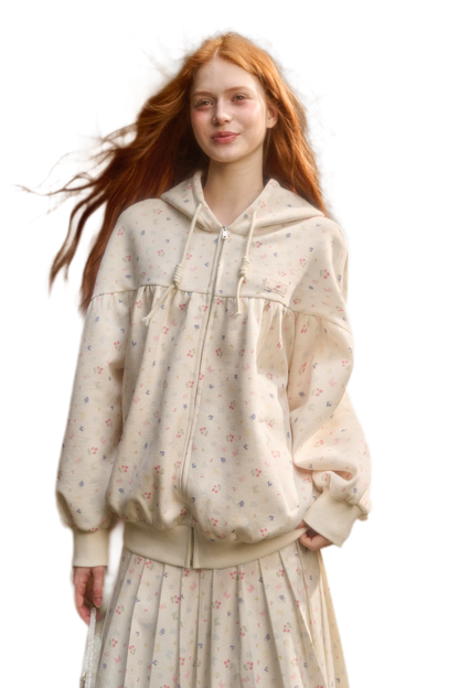 Printed Hooded Sweatshirt Pleated Skirt