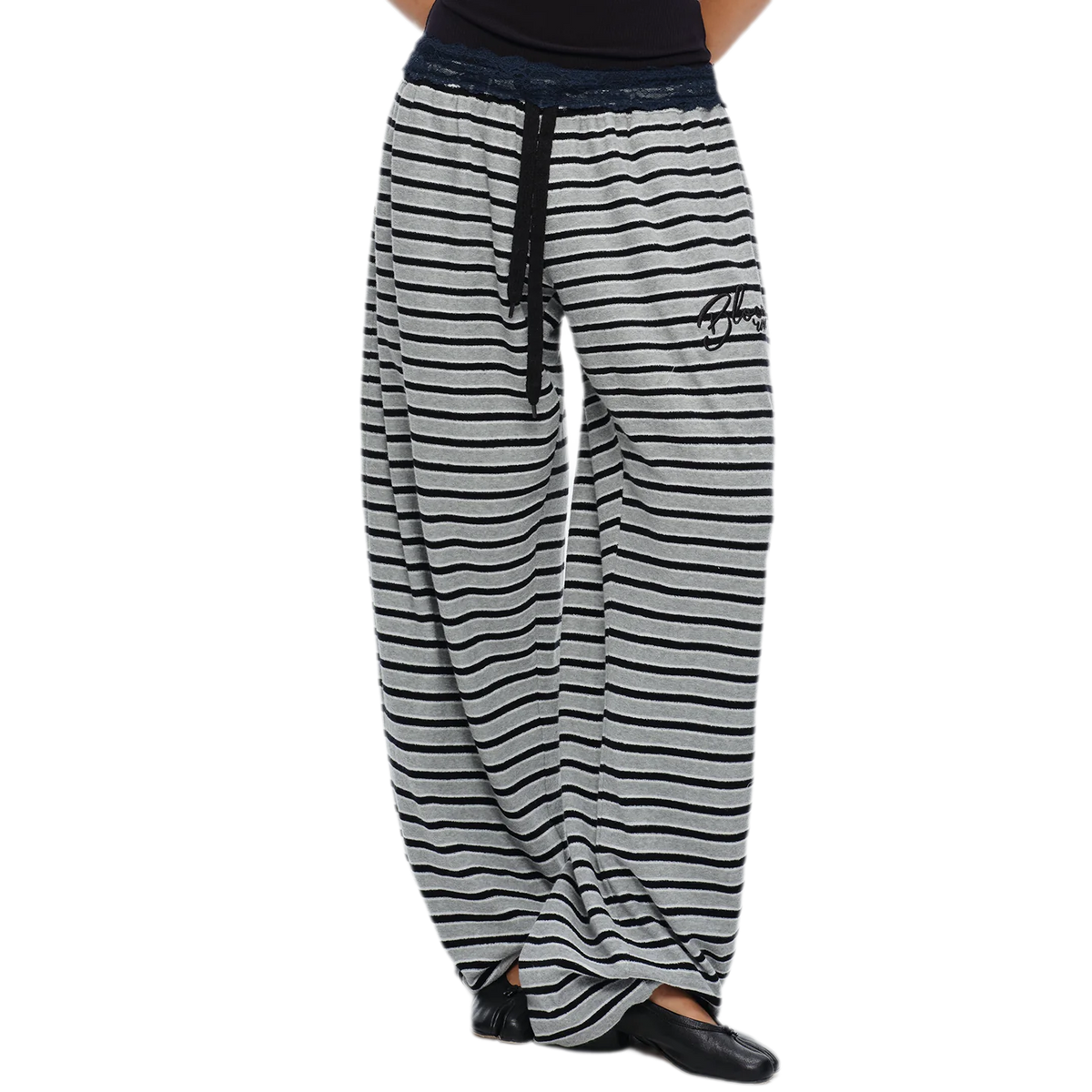 Embroidered Stripe Wide-Leg Pants