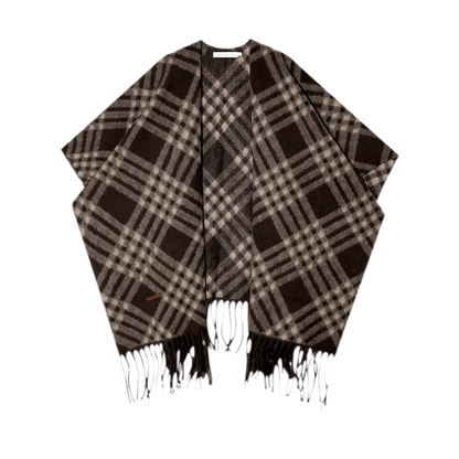 Fleece Checked Fringe Poncho