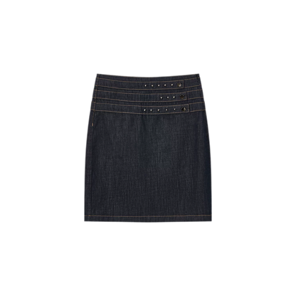 Retro Denim Blue Studded Straight Skirt