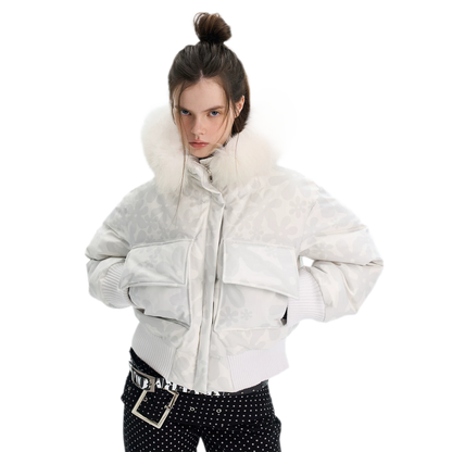 Printed Cropped Hooded Down Jacket