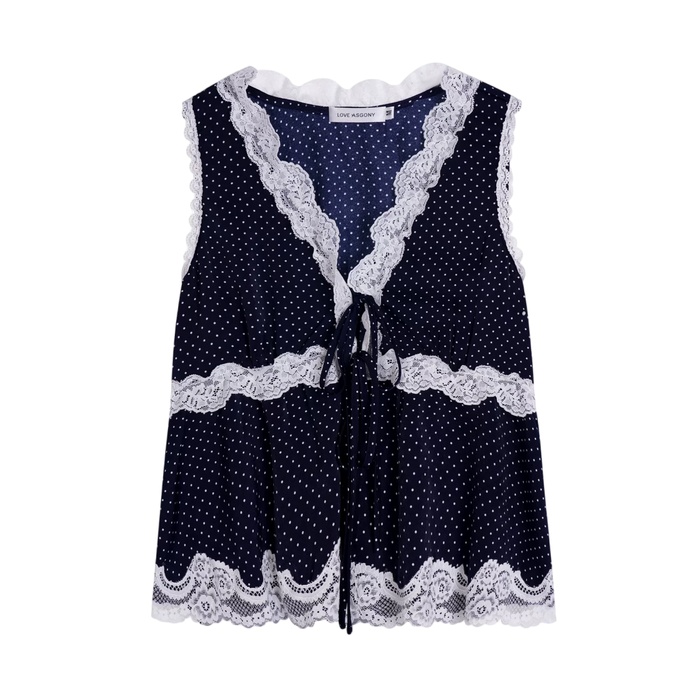 V-Neck Lace Polka Dot Waist-Defined Sleeveless Top