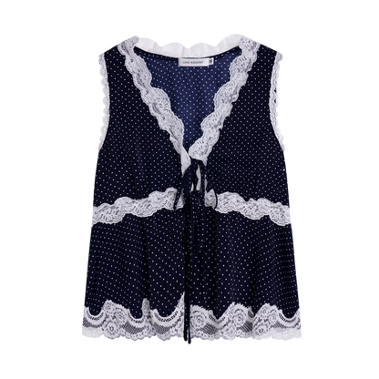 V-Neck Lace Polka Dot Waist-Defined Sleeveless Top