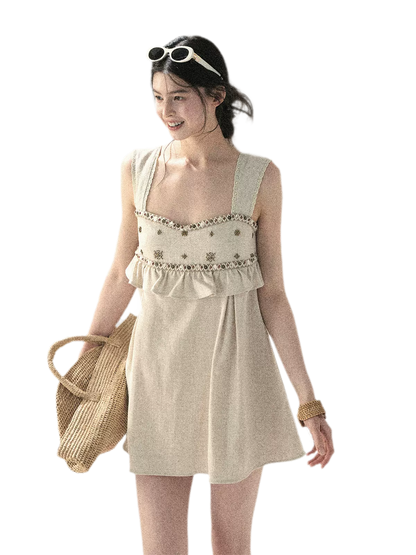 Sunlit Wheat Field Lace Strap Dress