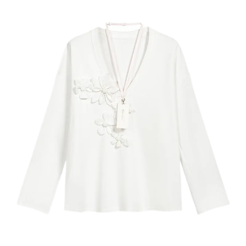 Handmade Flower Appliqué V-Neck Sweatshirt