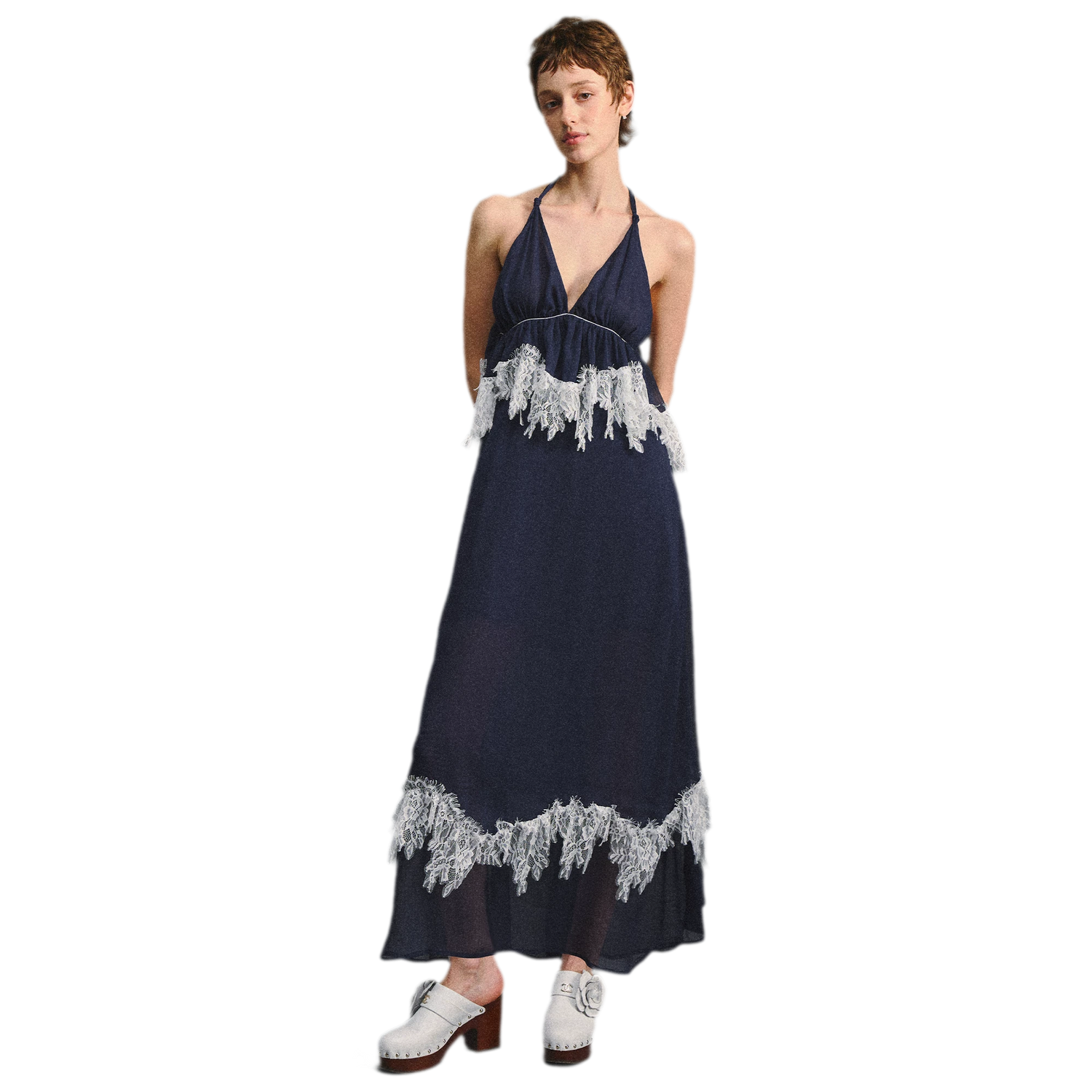 Deep V Halter Maxi Dress in Serene Blue