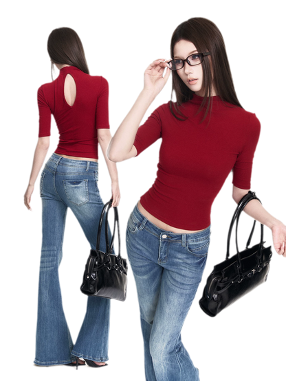 Red Mock Neck Tee