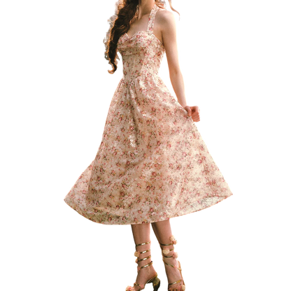 Forest Rose French Retro Floral Halter Long Dress