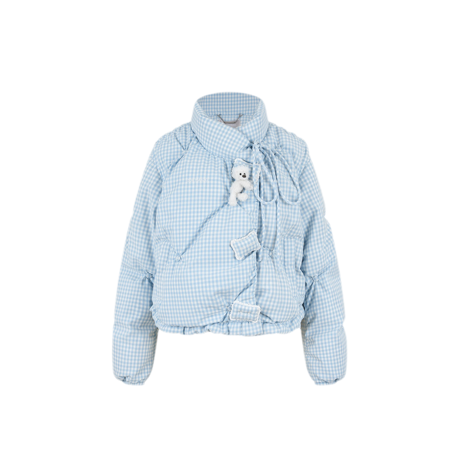 Gingham Puffy Stand-Collar Down Jacket