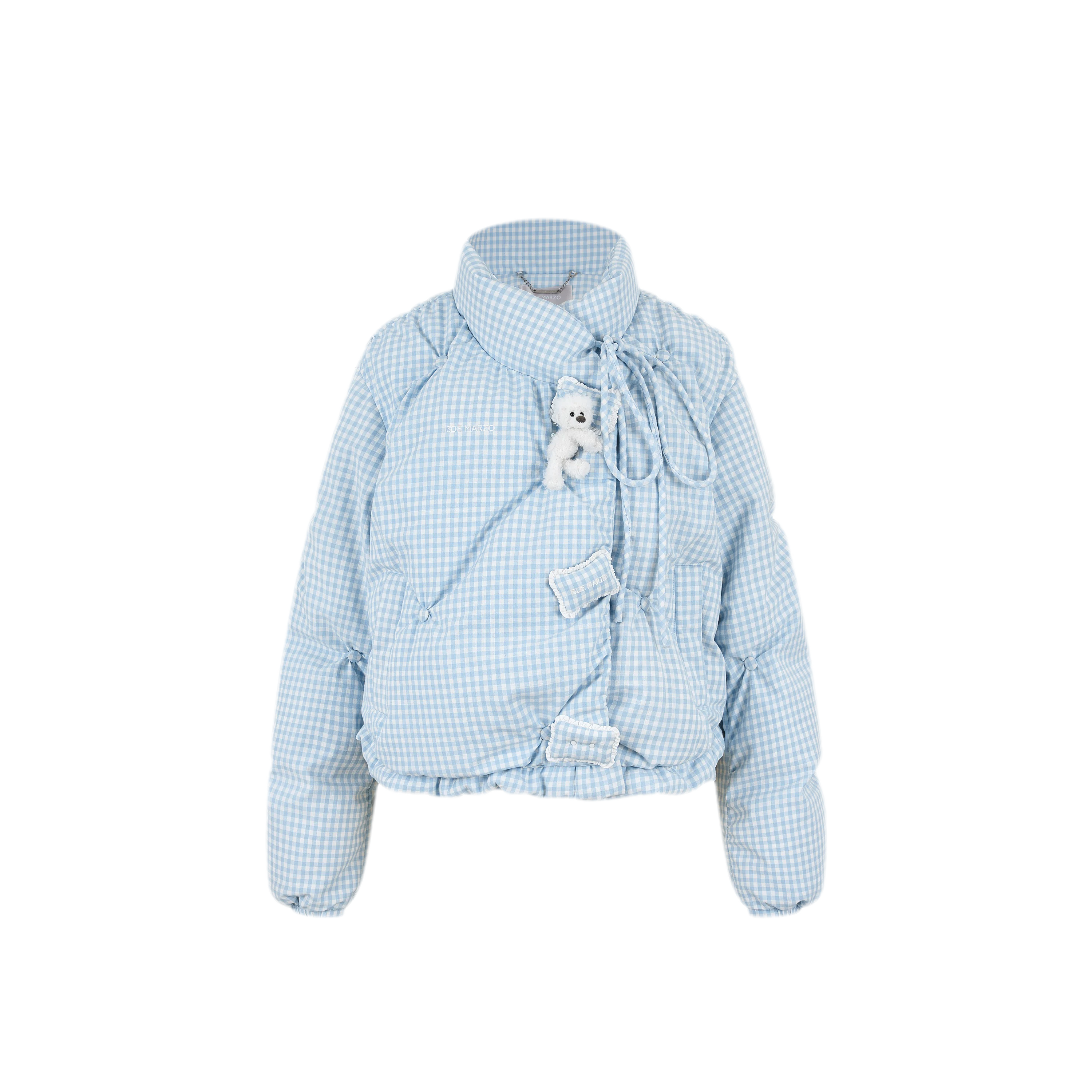 Gingham Puffy Stand-Collar Down Jacket