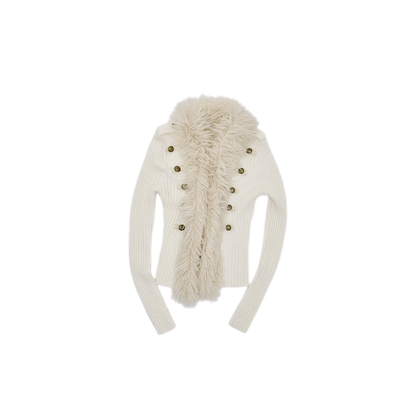Rib-Knit Fitted Wool-Collar Cardigan