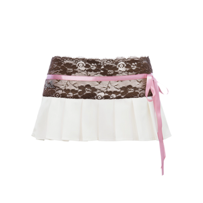 Lace Ribbon Pleated Mini Skirt