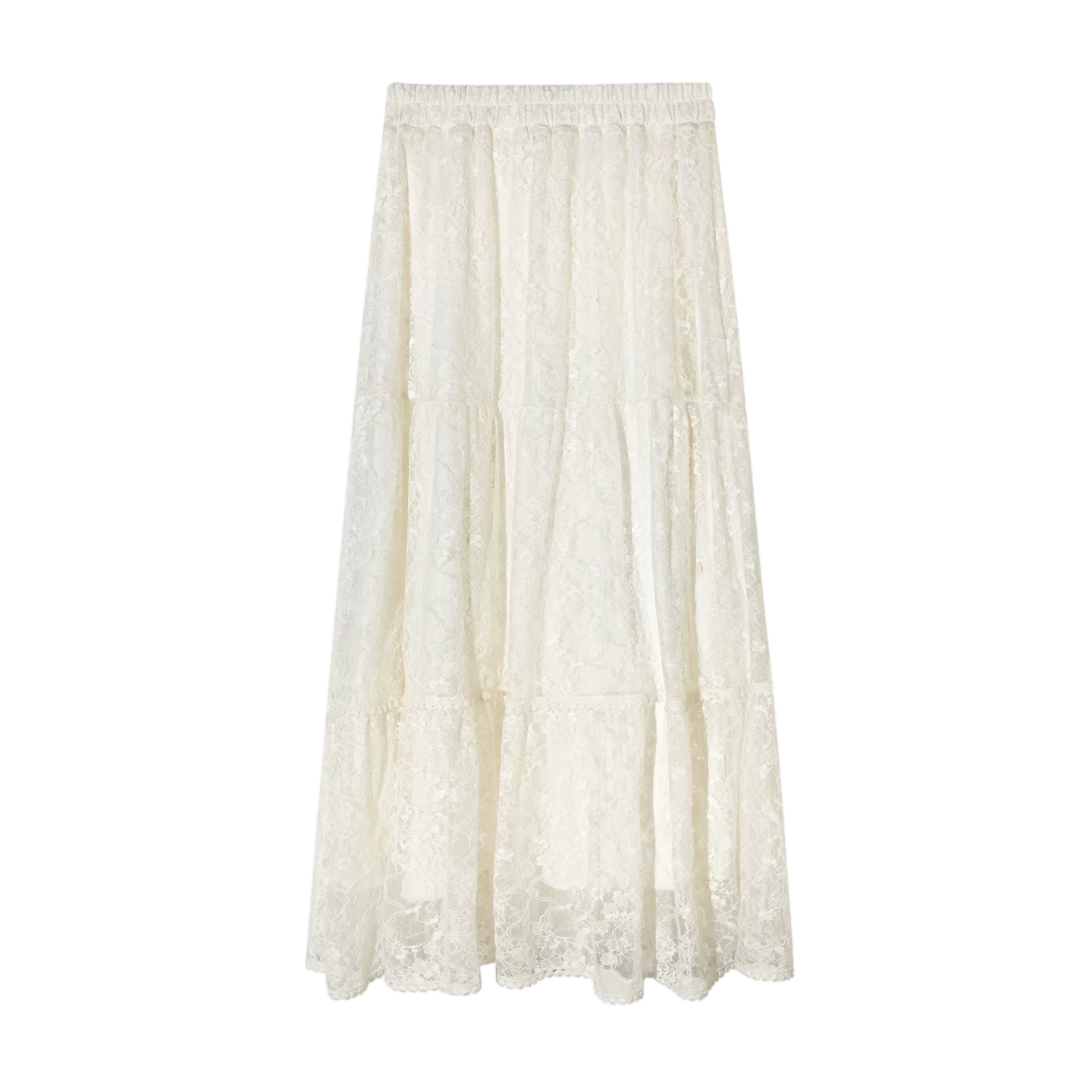 Lace Trim Elastic Waist A-line Long Skirt
