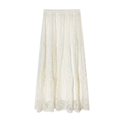 Lace Trim Elastic Waist A-line Long Skirt