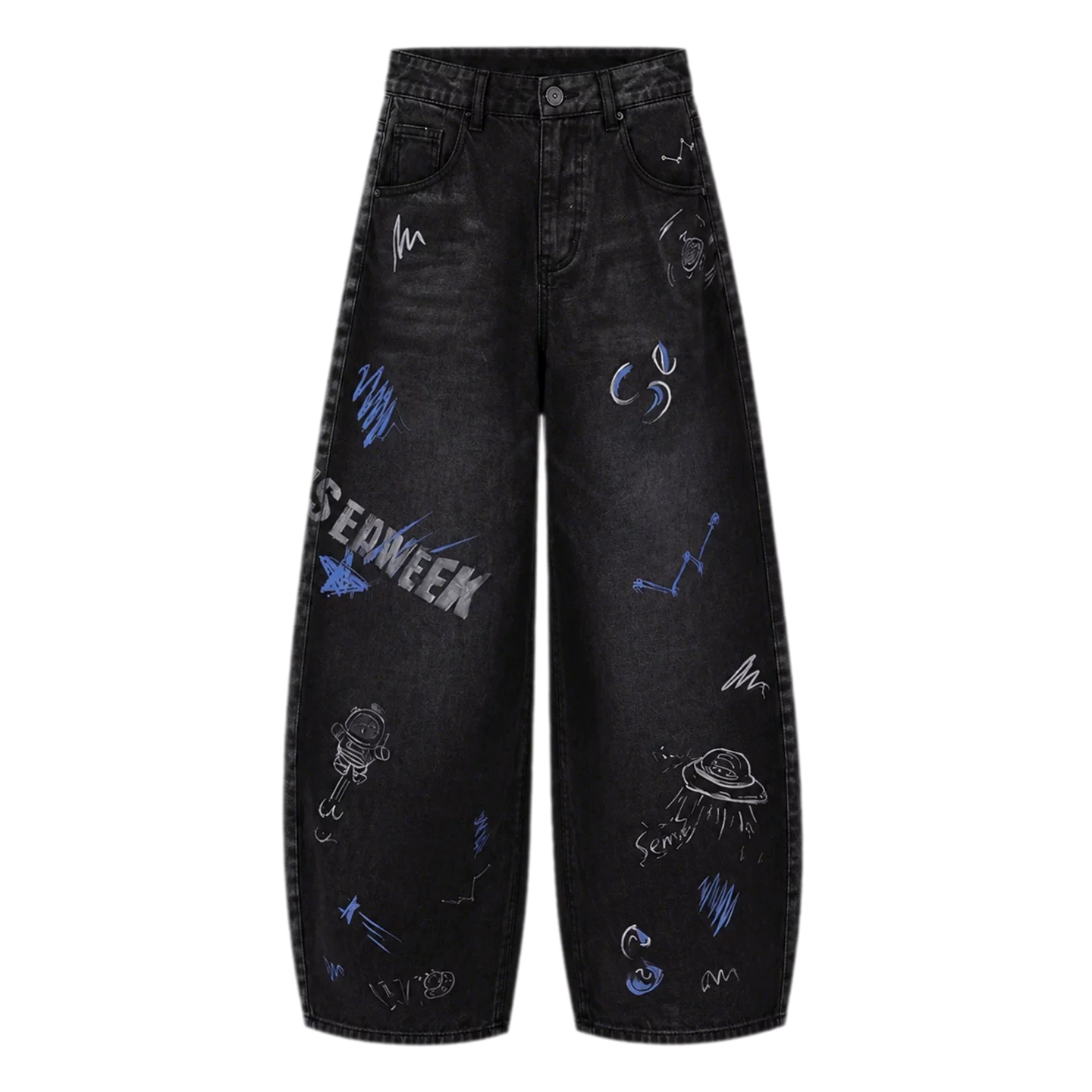 Washed Graffiti Wide-Leg Jeans