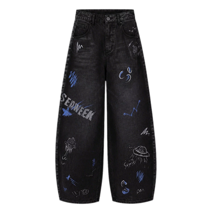 Washed Graffiti Wide-Leg Jeans