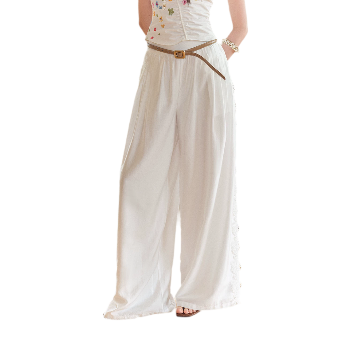 Summer Tencel Wide-Leg Pants with Lace Trim