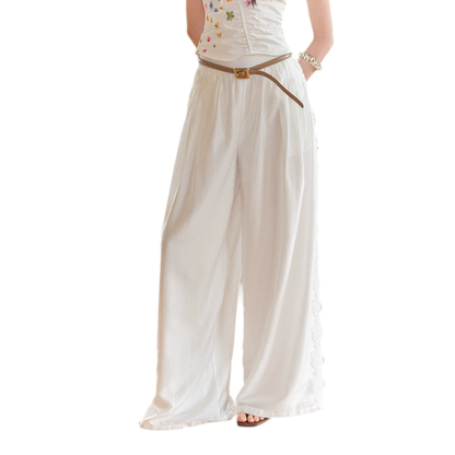 Summer Tencel Wide-Leg Pants with Lace Trim