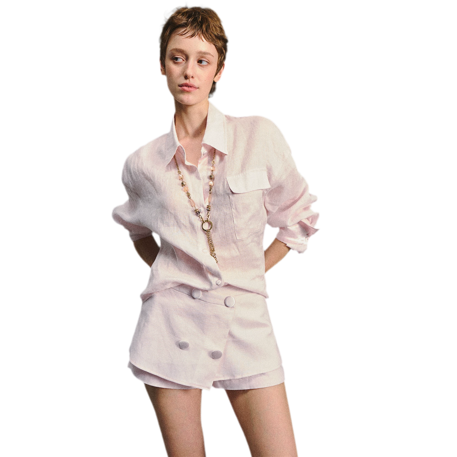 Linen Satin Waist-Cinched Shirt &amp; Skirt Set