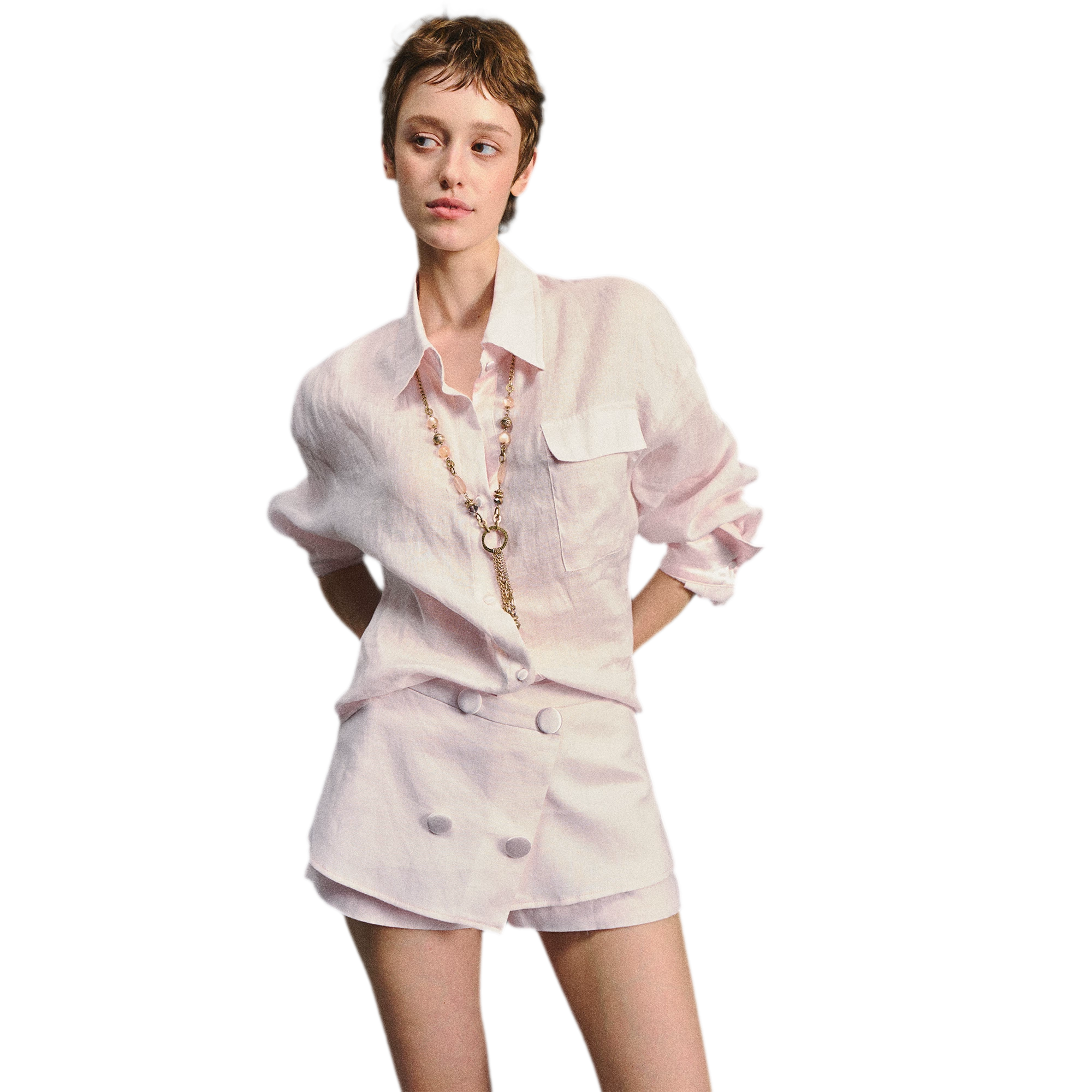 Linen Satin Waist-Cinched Shirt &amp; Skirt Set