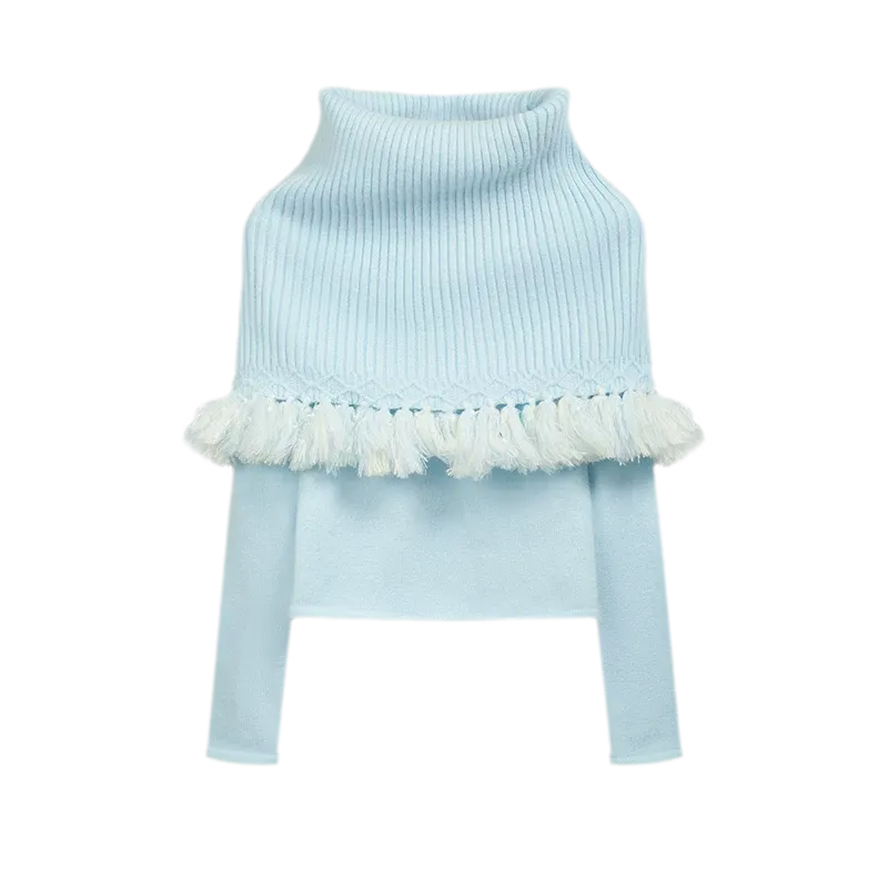 Fringed Ribbed Turtleneck Knit Top