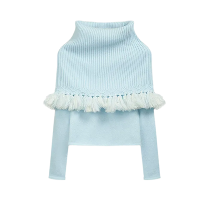 Fringed Ribbed Turtleneck Knit Top