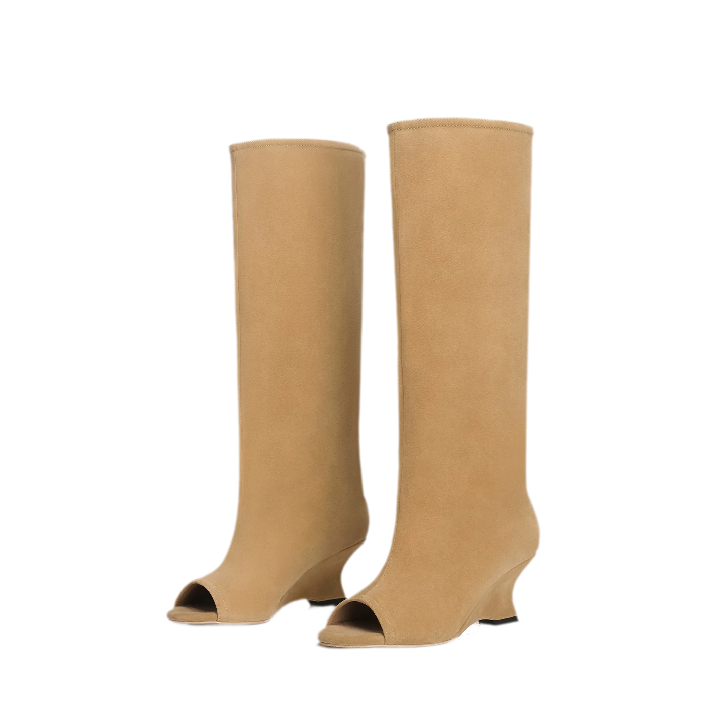 Suede Textured Open-Toe Wedge Boots