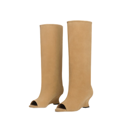 Suede Textured Open-Toe Wedge Boots