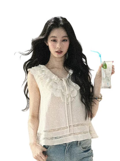 Flowing Moonlight Lace Ruffle Short Blouse