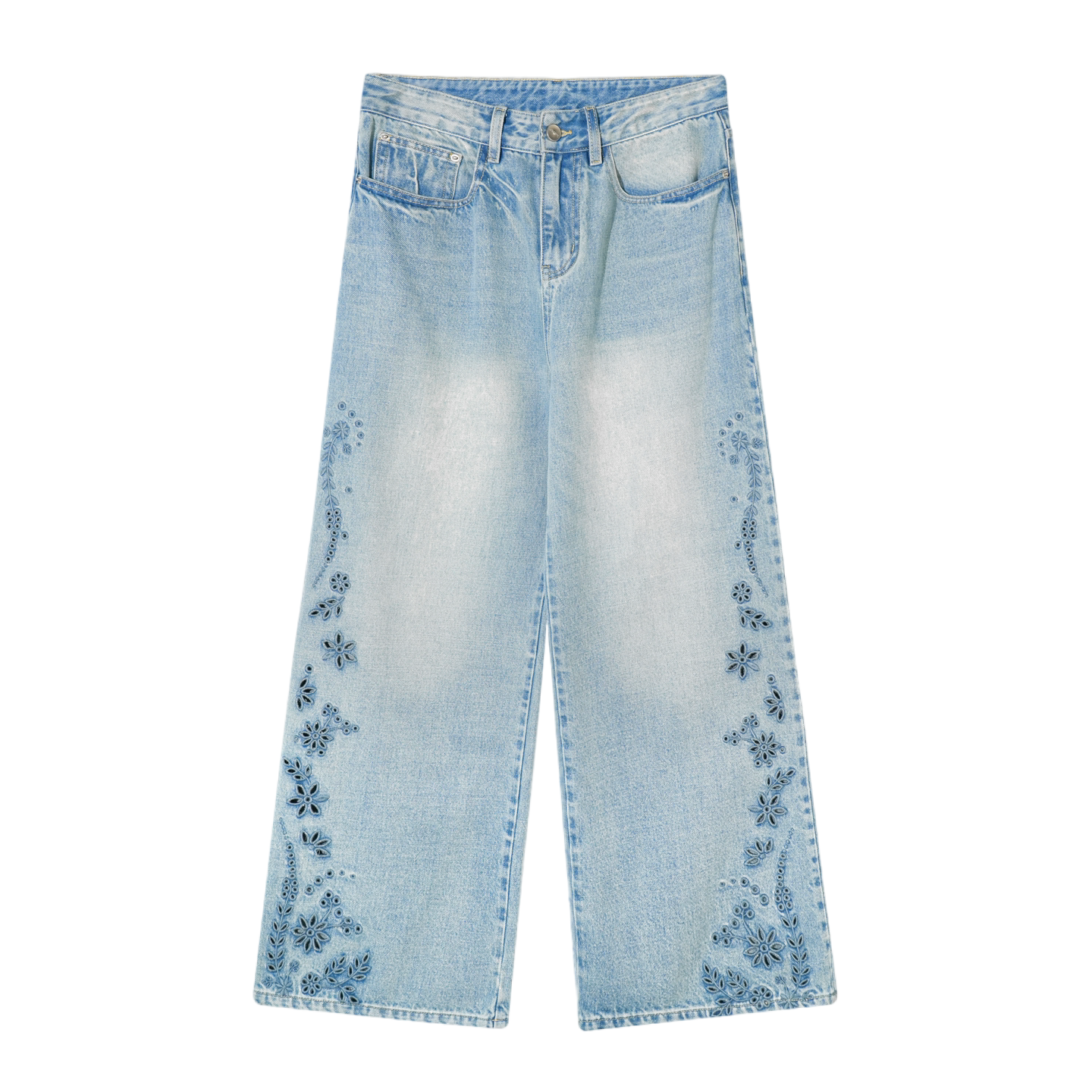 Embroidered Washed Wide-Leg Jeans
