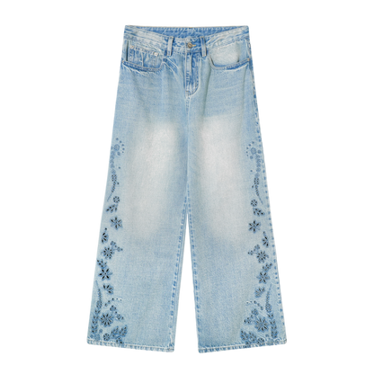 Embroidered Washed Wide-Leg Jeans
