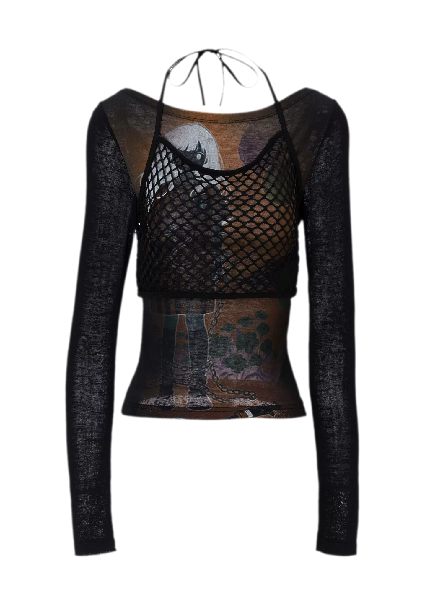 Printed Mesh Fitted Long-Sleeve Top