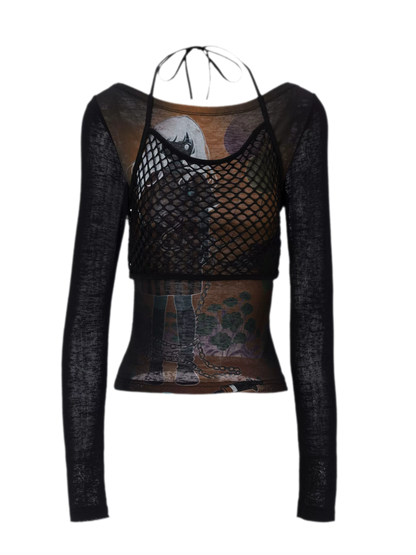 Printed Mesh Fitted Long-Sleeve Top