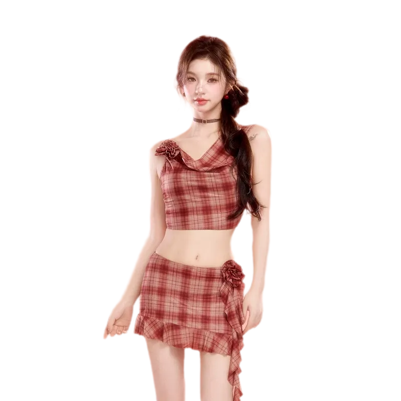 Plaid Cowl Neck Skort Set