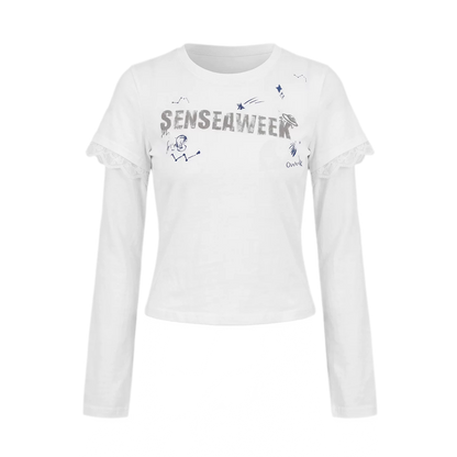 Ribbed Lace Trim Layered T-Shirt