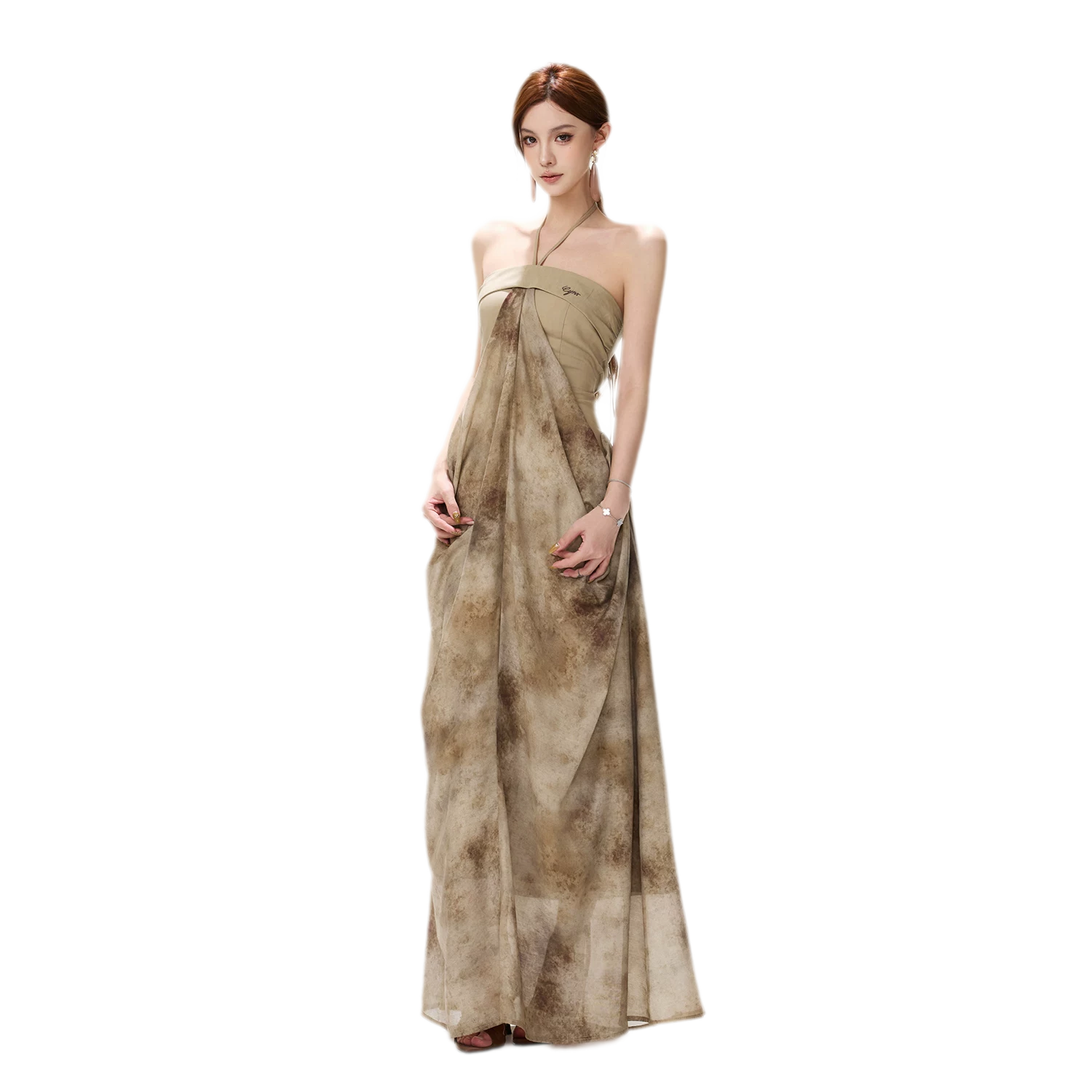 Ink-Wash Pleated Halter Dress
