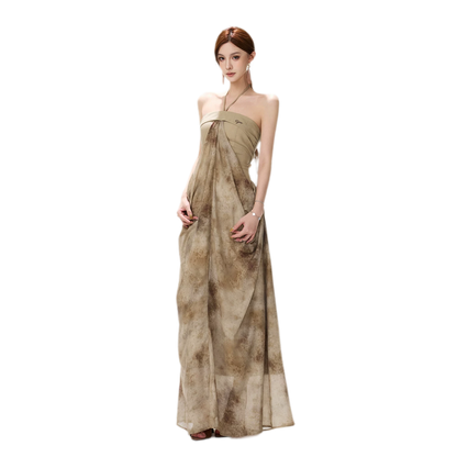 Ink-Wash Pleated Halter Dress