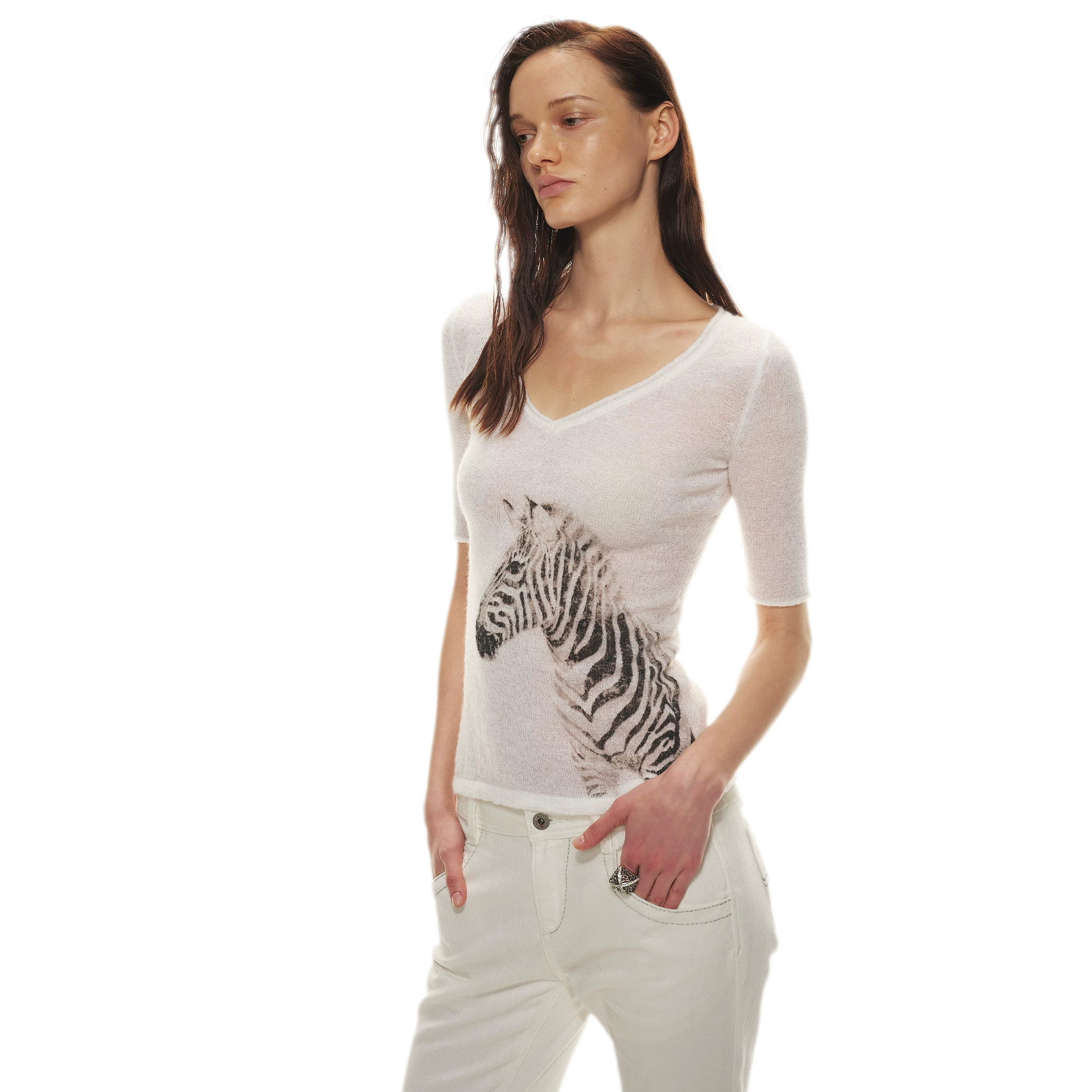 Stylish Zebra Print V-Neck Mohair Wool Blend Sweater