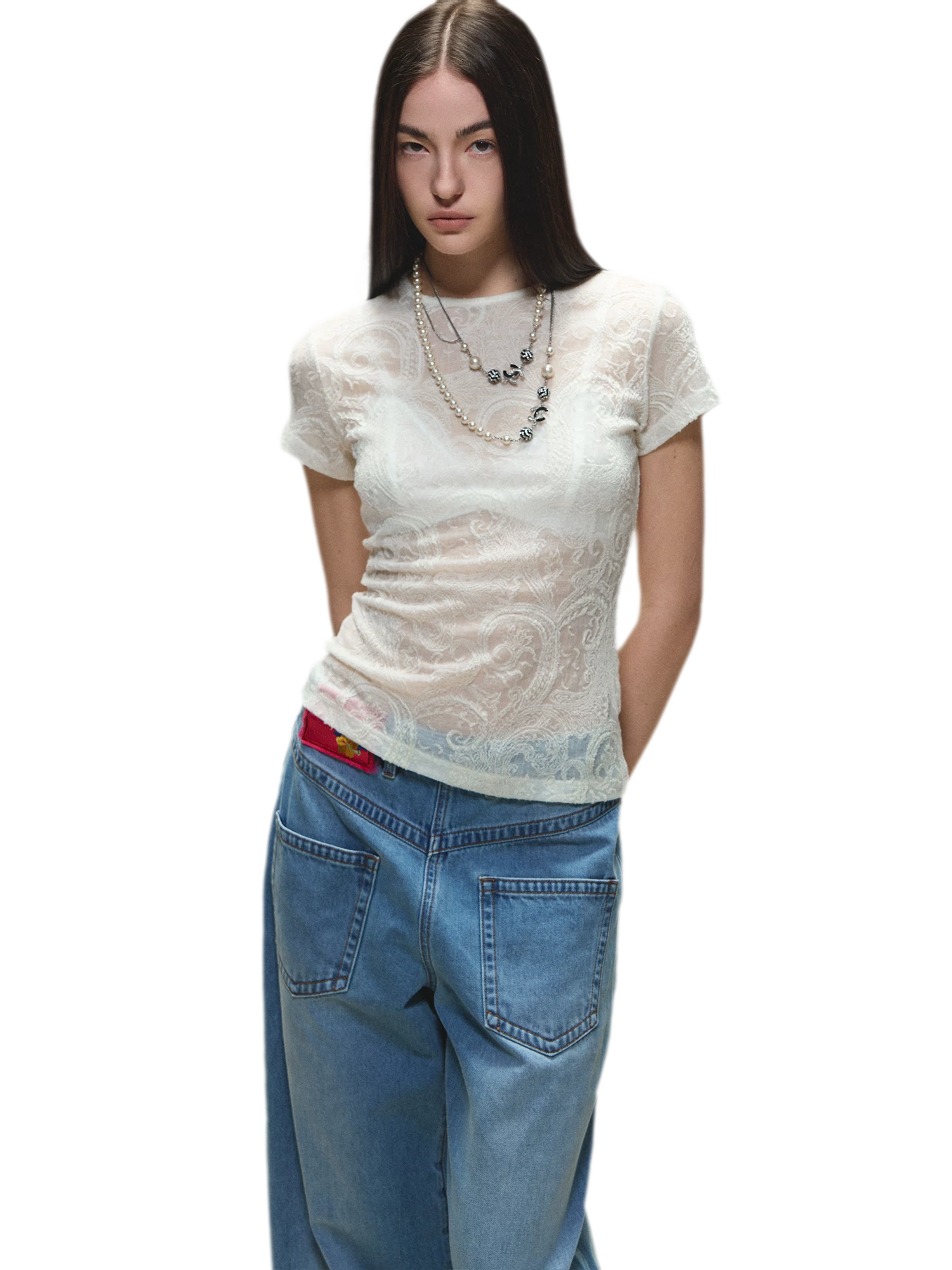 Sheer Wool Lace Paisley Short Sleeve T-shirt